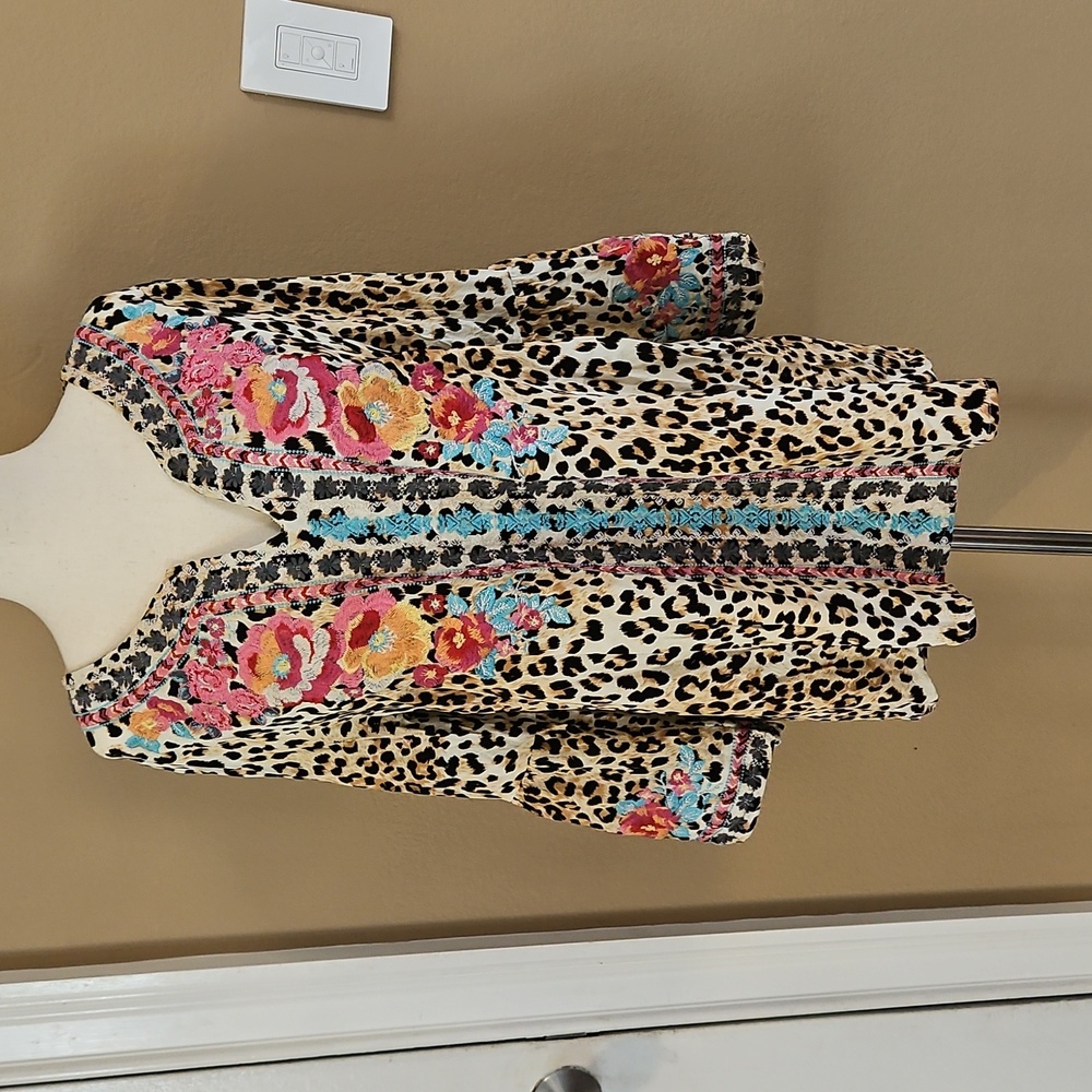 Savannah JANE  Floral ANIMAL PRINT  Embroidered Oversized  Blouse Boho Small